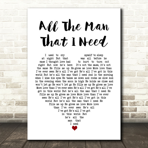 Whitney Houston All The Man That I Need White Heart Song Lyric Wall Art Print