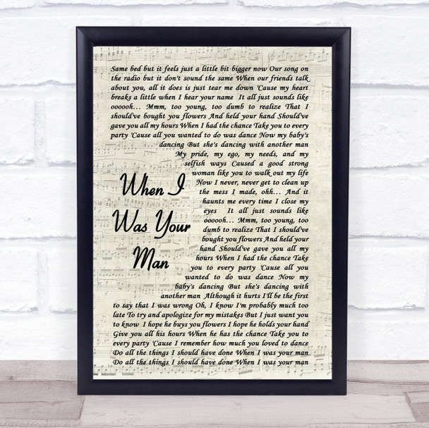 When I Was Your Man Bruno Mars Song Lyric Vintage Script Quote Print