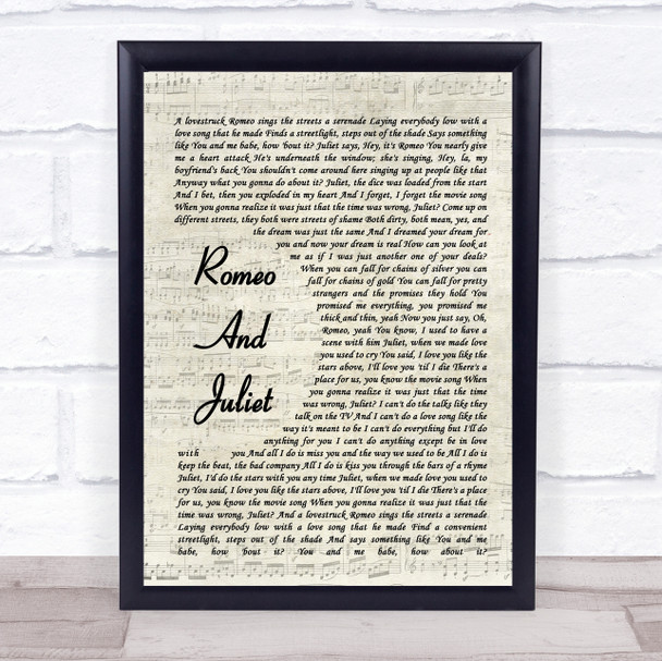 Dire Straits Romeo And Juliet Vintage Script Song Lyric Quote Print