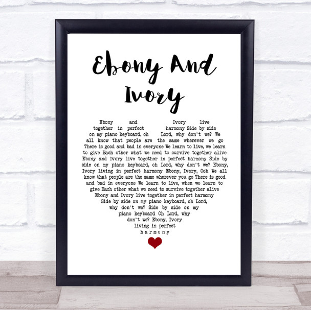 Paul McCartney Ebony And Ivory White Heart Song Lyric Wall Art Print