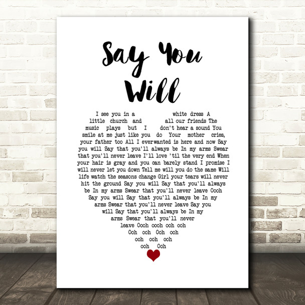 Hearts & Colors Say You Will White Heart Song Lyric Wall Art Print