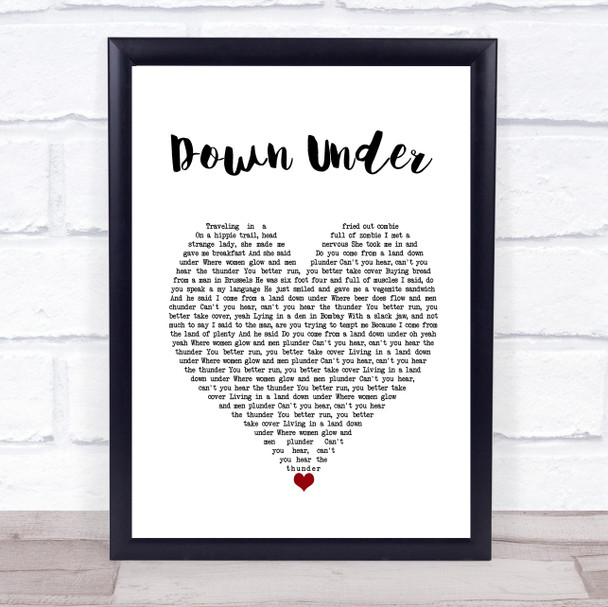 Men At Work Down Under White Heart Song Lyric Wall Art Print