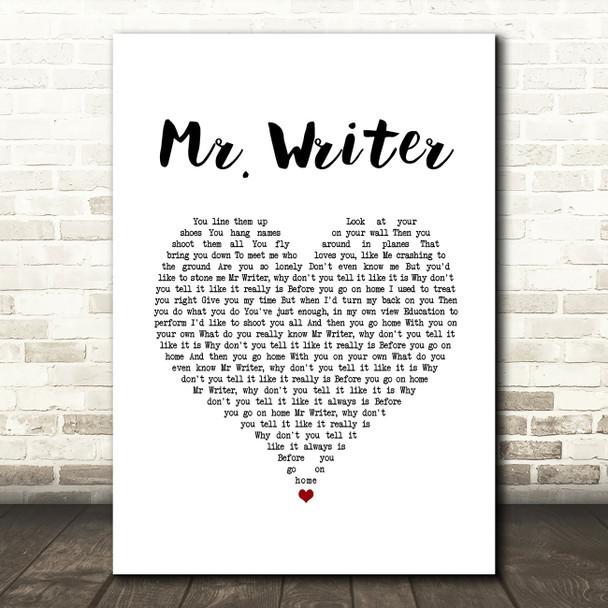 Stereophonics Mr. Writer White Heart Song Lyric Wall Art Print