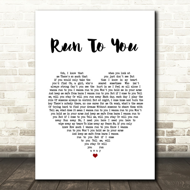 Whitney Houston Run To You White Heart Song Lyric Wall Art Print