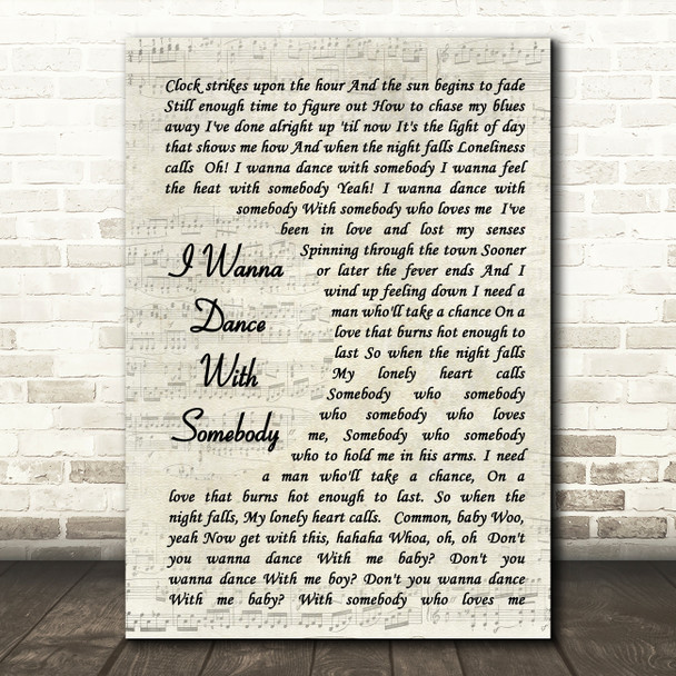 Whitney Houston I Wanna Dance With Somebody Vintage Script Song Lyric Quote Print