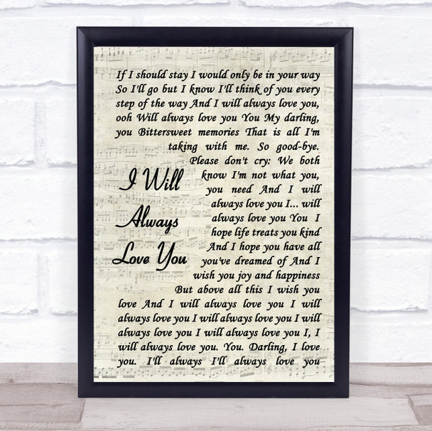 Whitney Houston I Will Always Love You Vintage Script Song Lyric Quote Print