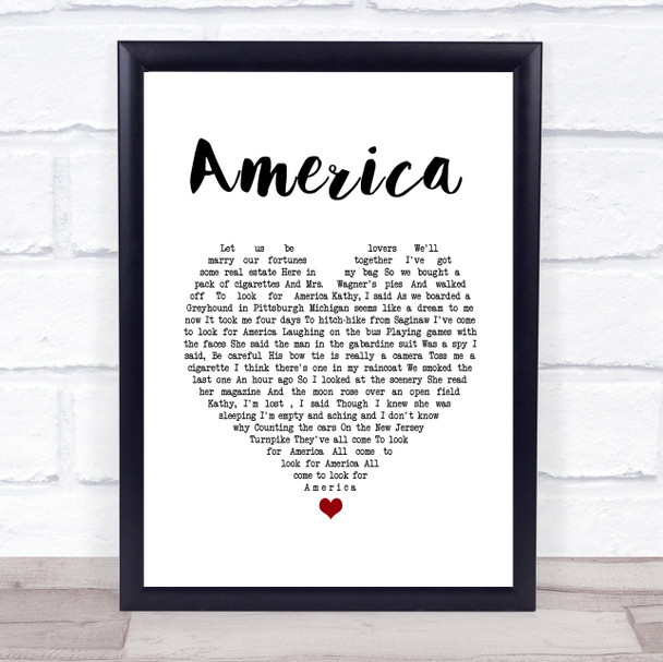 Simon & Garfunkel America White Heart Song Lyric Wall Art Print