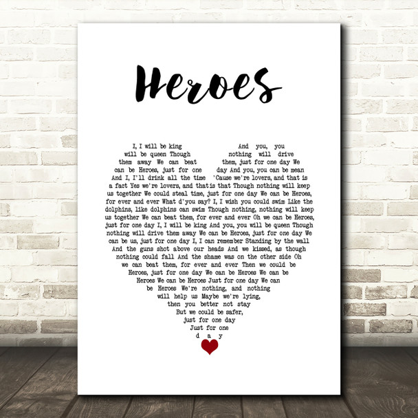 David Bowie Heroes White Heart Song Lyric Wall Art Print