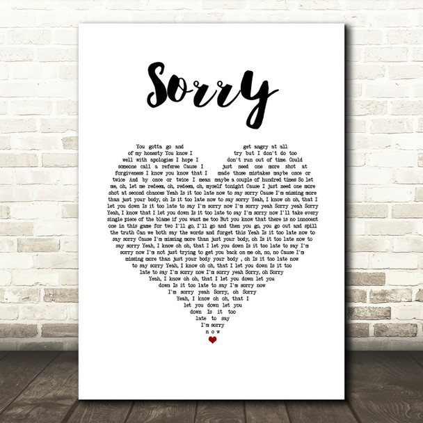 Justin Bieber Sorry White Heart Song Lyric Wall Art Print