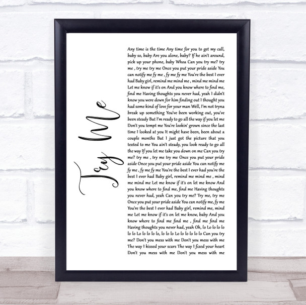 The Weeknd Try Me White Script Song Lyric Wall Art Print