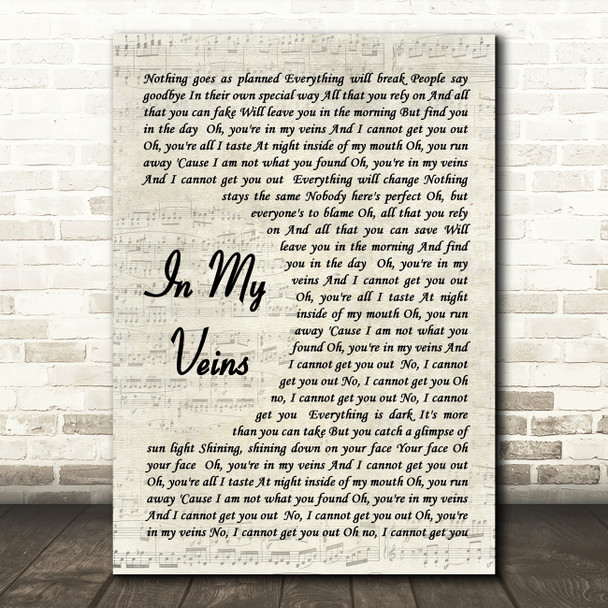 Andrew Belle In My Veins Song Lyric Vintage Script Quote Print