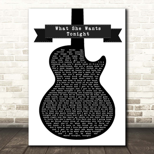 Luke Bryan What She Wants Tonight Black & White Guitar Song Lyric Print