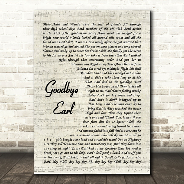 Dixie Chicks Goodbye Earl Song Lyric Vintage Script Quote Print