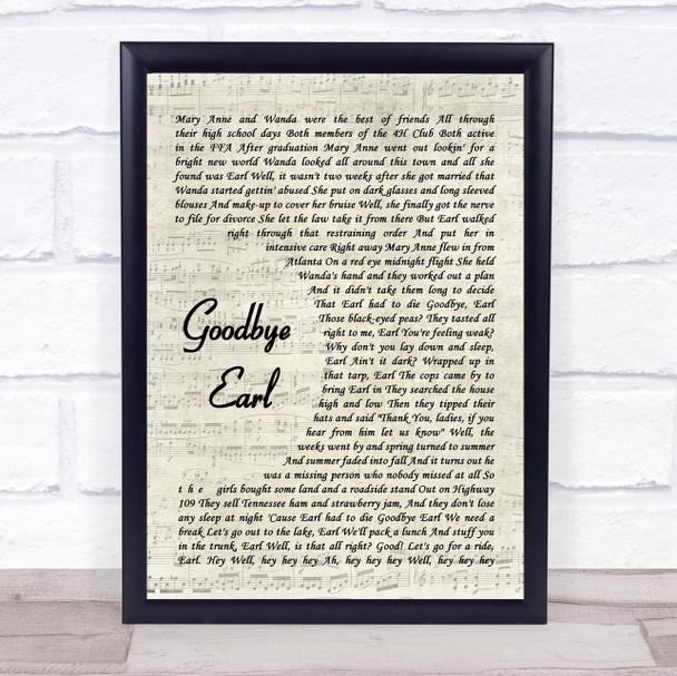 Dixie Chicks Goodbye Earl Song Lyric Vintage Script Quote Print