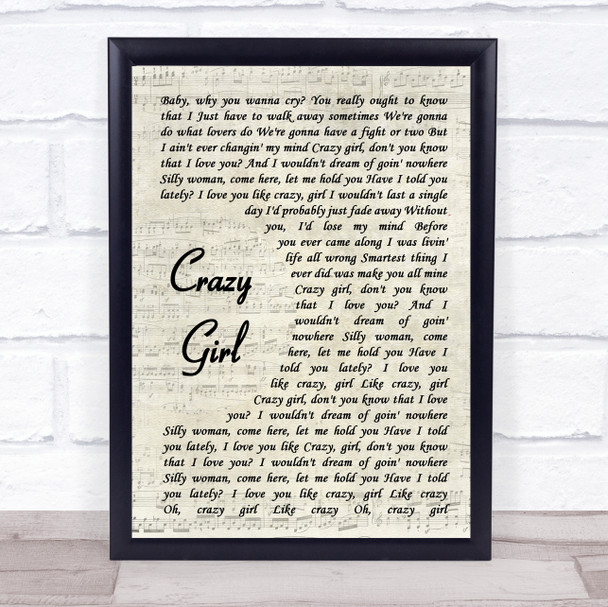 Eli Young Band Crazy Girl Song Lyric Vintage Script Quote Print