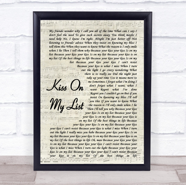 Hall & Oates Kiss On My List Song Lyric Vintage Script Quote Print