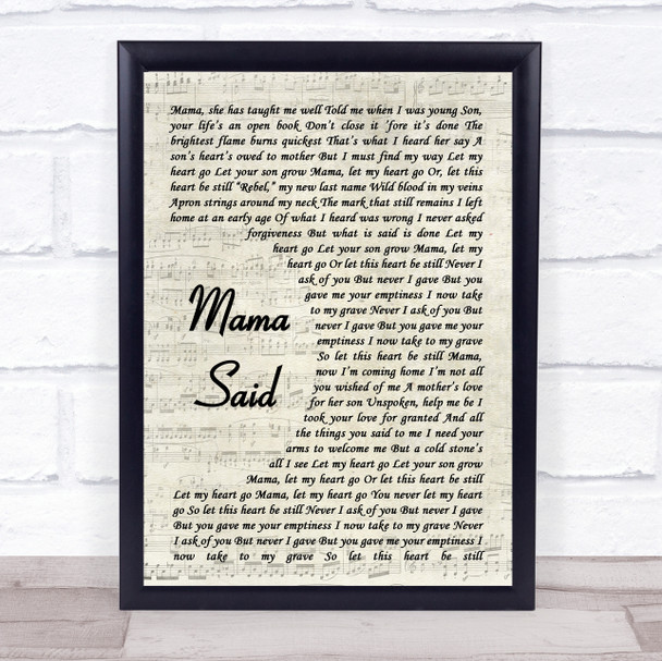 Metallica Mama Said Song Lyric Vintage Script Quote Print