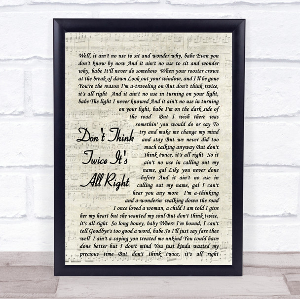 Don't Think Twice It's All Right Bob Dylan Script Quote Song Lyric Print
