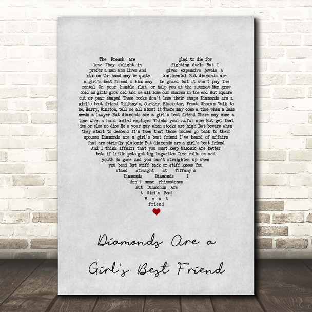 Marilyn Monroe Diamonds Are a Girl's Best Friend Grey Heart Song Lyric Print