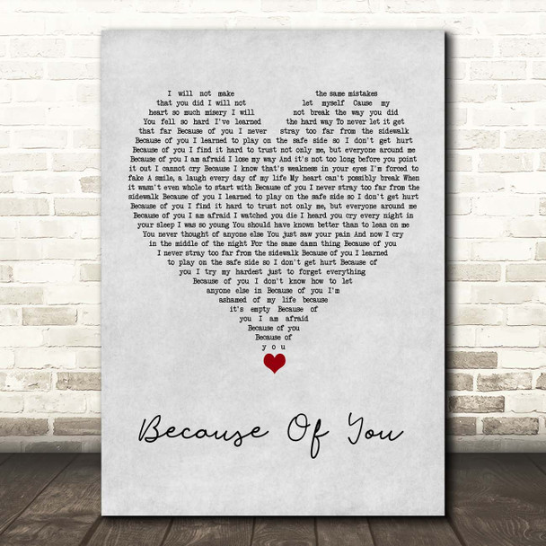 Kelly Clarkson Because Of You Grey Heart Song Lyric Print