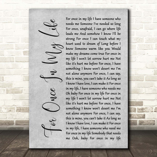 Stevie Wonder For Once In My Life Grey Rustic Script Song Lyric Print