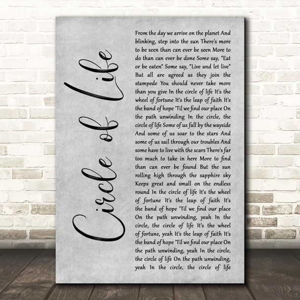 Elton John Circle of Life Grey Rustic Script Song Lyric Print