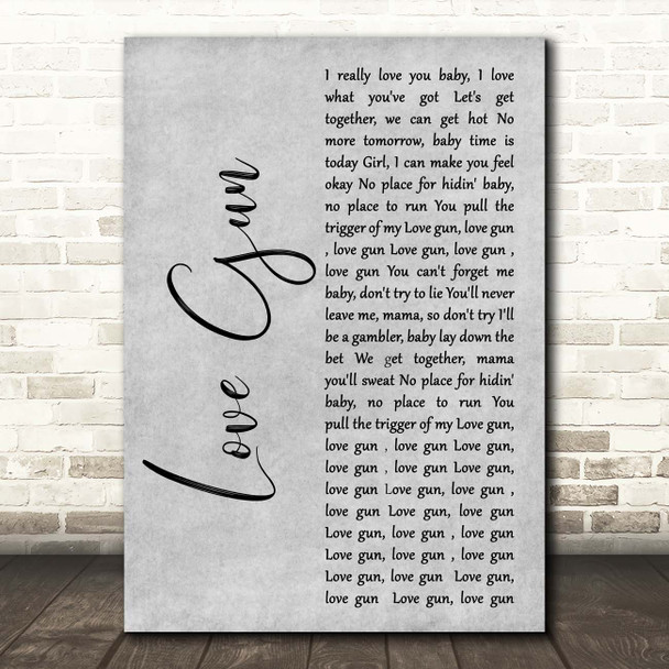 Kiss Love Gun Grey Rustic Script Song Lyric Print