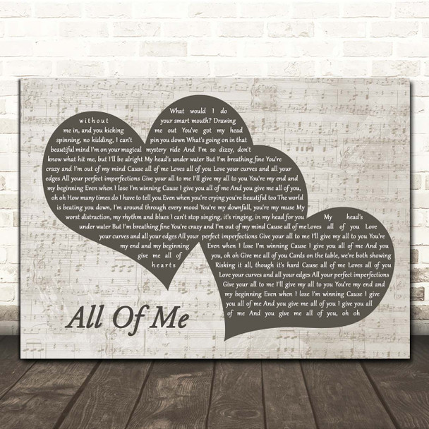 John Legend All Of Me Landscape Music Script Two Hearts Song Lyric Print