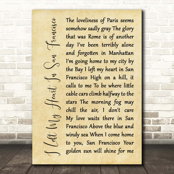 Tony Bennett I Left My Heart In San Francisco Rustic Script Song Lyric Print