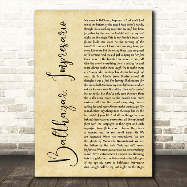 Frank Turner Balthazar, Impresario Rustic Script Song Lyric Print