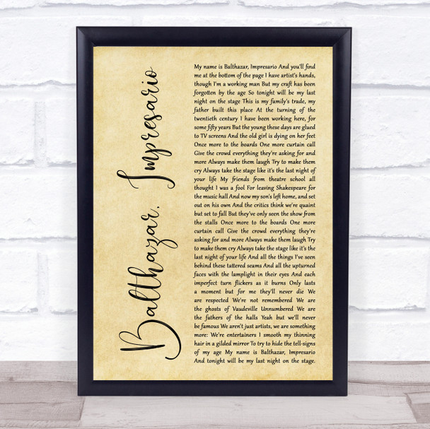 Frank Turner Balthazar, Impresario Rustic Script Song Lyric Print