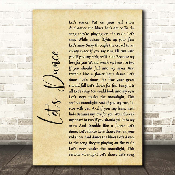 David Bowie Let's Dance Rustic Script Song Lyric Print