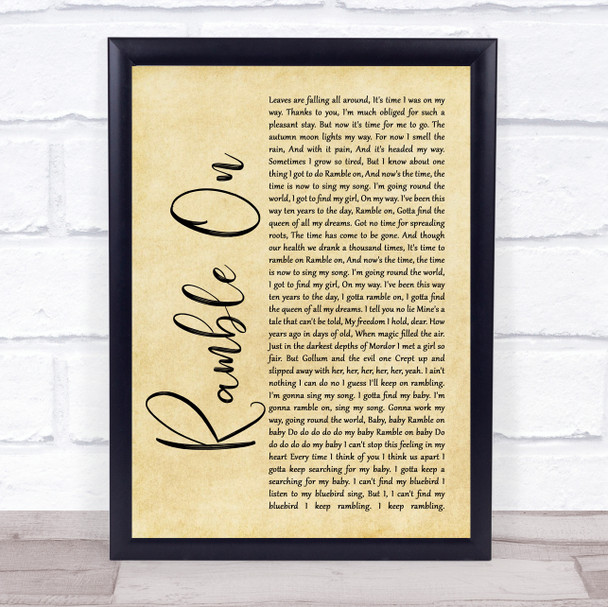 Led Zeppelin Ramble On Rustic Script Song Lyric Print