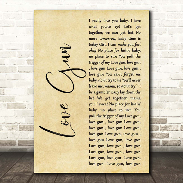 Kiss Love Gun Rustic Script Song Lyric Print