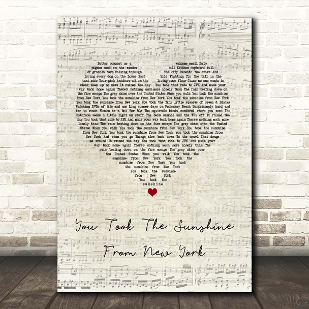 The Wildhearts You Took The Sunshine From New York Script Heart Song Lyric Print