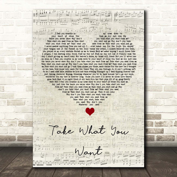 Post Malone Take What You Want Script Heart Song Lyric Print