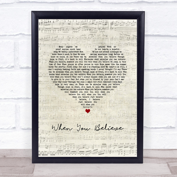 Whitney Houston & Mariah Carey When You Believe Script Heart Song Lyric Print