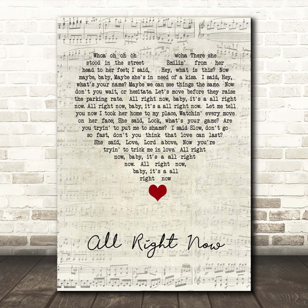 Free All Right Now Script Heart Song Lyric Print