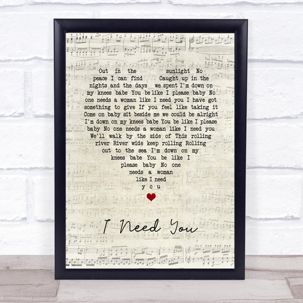 The Stands I Need You Script Heart Song Lyric Print