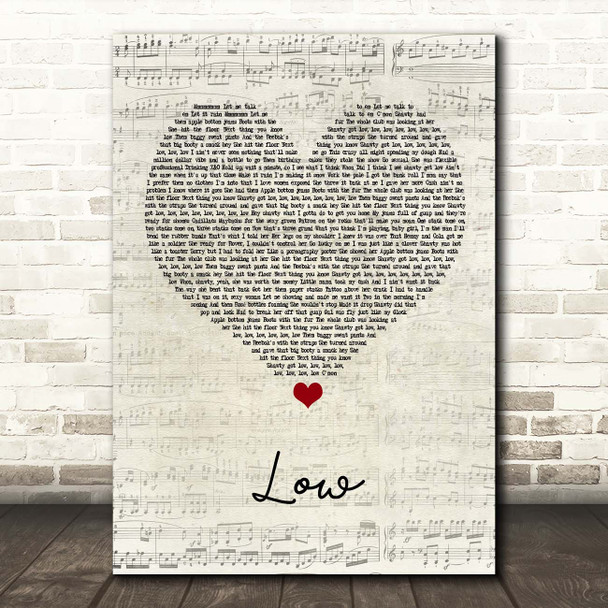 Flo Rida Low Script Heart Song Lyric Print