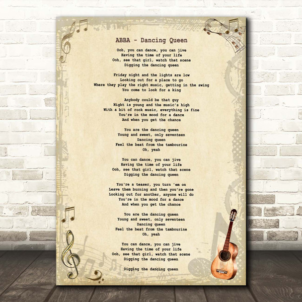 ABBA Dancing Queen Vintage Guitar Song Lyric Print