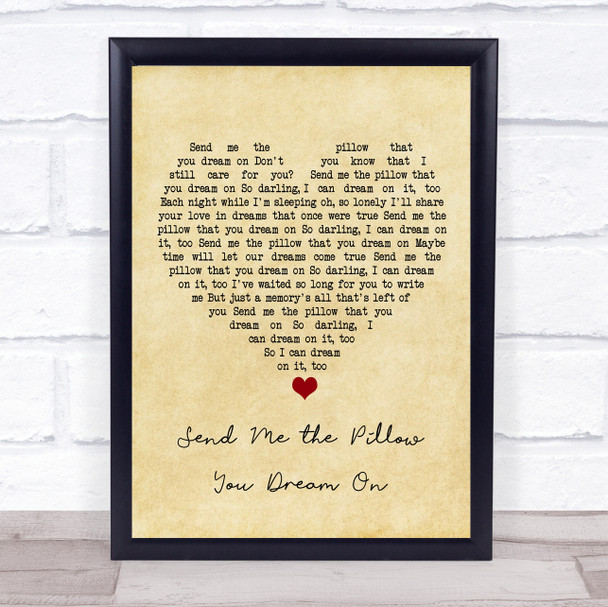 Johnny Tillotson Send Me the Pillow You Dream On Vintage Heart Song Lyric Print