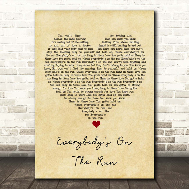 Noel Gallagher's High Flying Birds Everybody's On The Run Vintage Heart Song Lyric Print