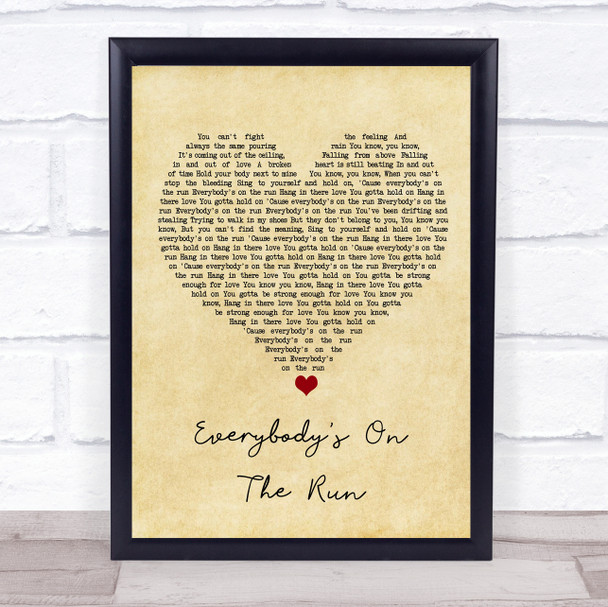 Noel Gallagher's High Flying Birds Everybody's On The Run Vintage Heart Song Lyric Print