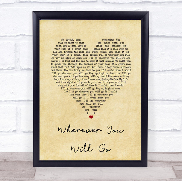The Calling Wherever You Will Go Vintage Heart Song Lyric Print
