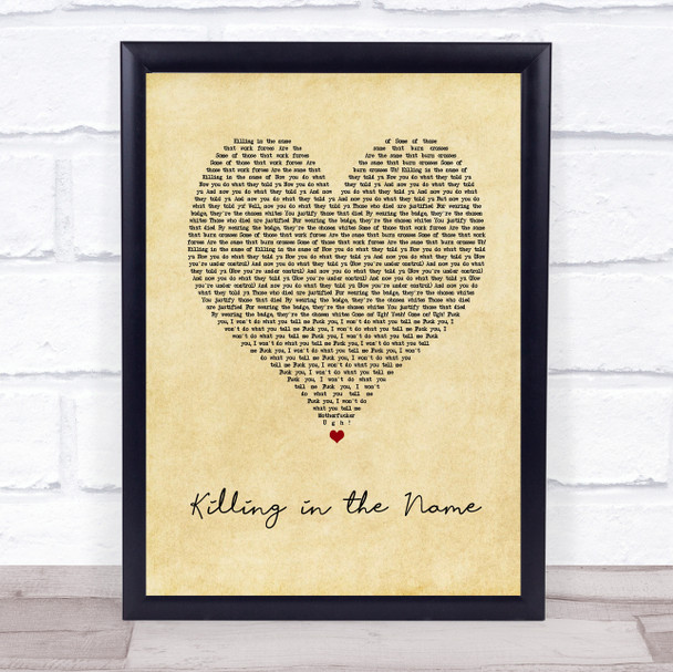 Rage Against the Machine Killing in the Name Vintage Heart Song Lyric Print