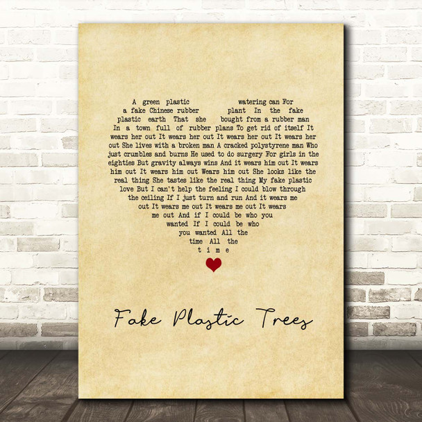 Radiohead Fake Plastic Trees Vintage Heart Song Lyric Print