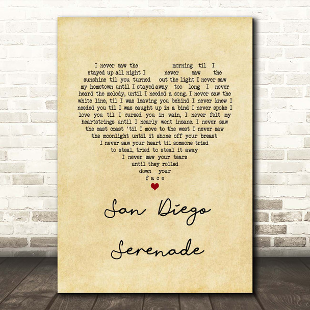 Tom Waits San Diego Serenade Vintage Heart Song Lyric Print