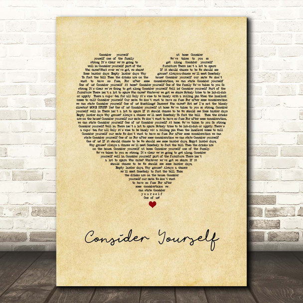 Oliver The Musical Consider Yourself Vintage Heart Song Lyric Print