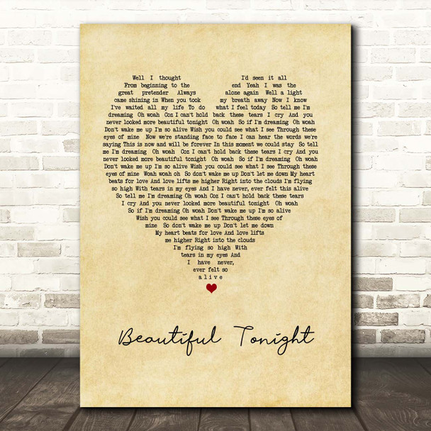 Westlife Beautiful Tonight Vintage Heart Song Lyric Print